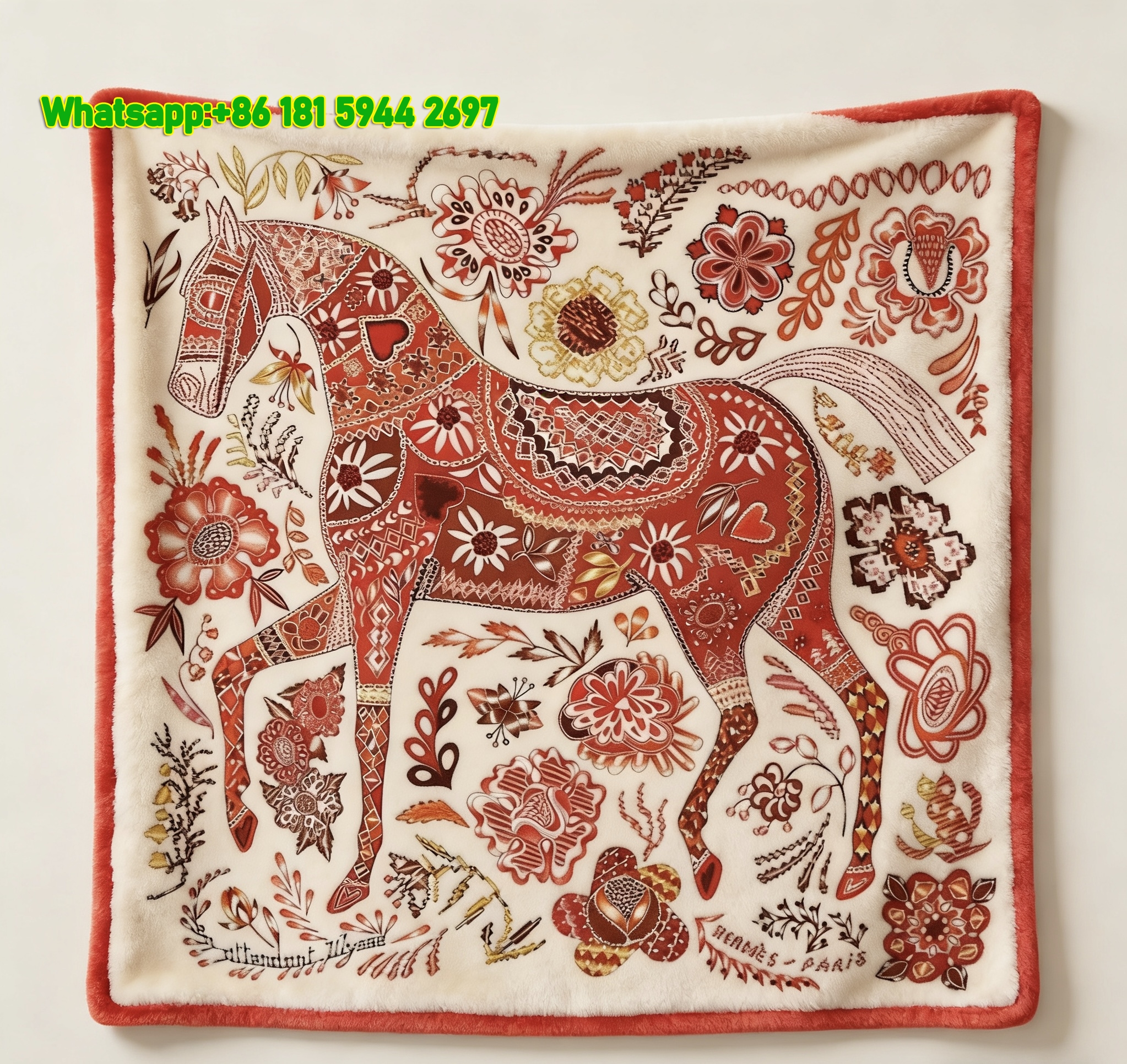 Hermes Red Folk Art Horse Flannel Throw Blanket IMG_5260